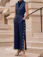 Stylish And Elegant Linen-cotton Jumpsuit With Side Buttons