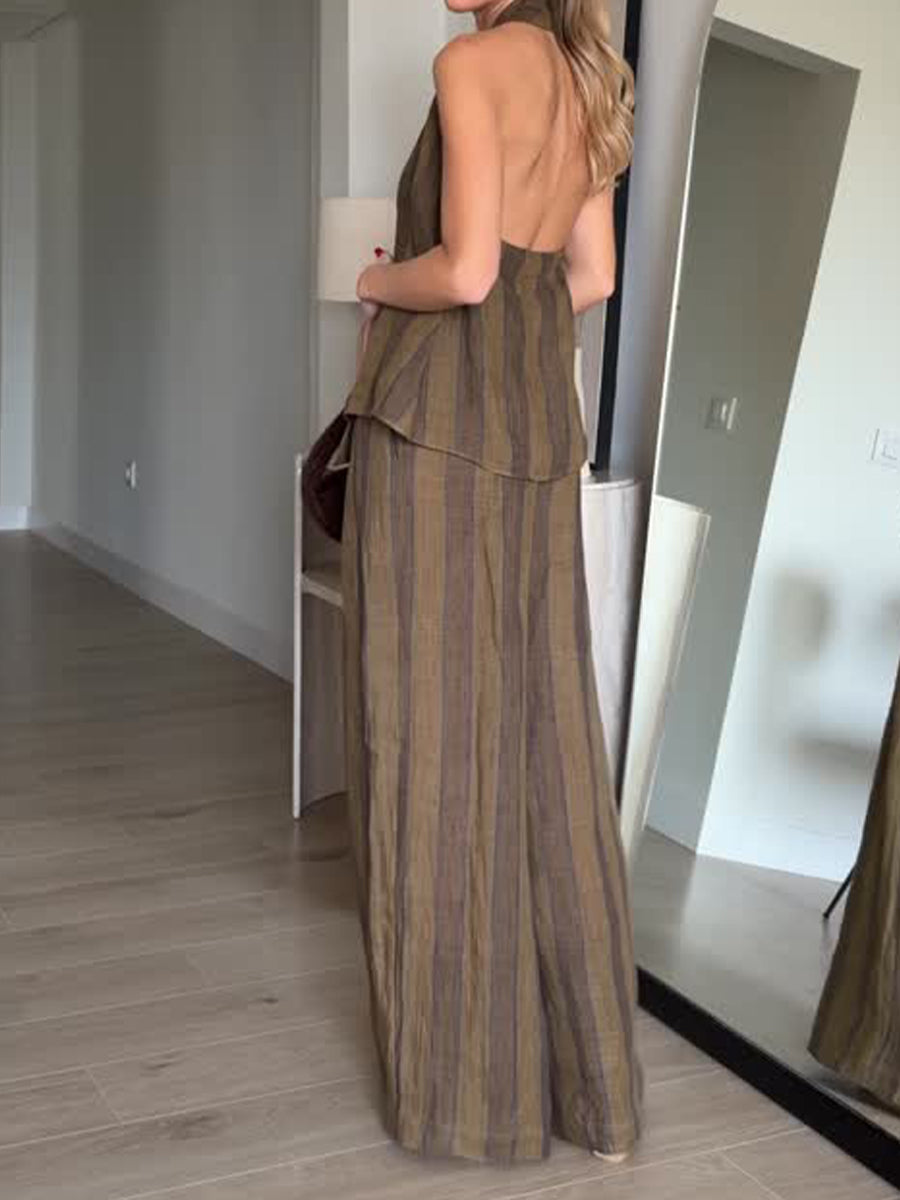 Stylish Casual Striped Backless Linen-cotton Top And Wide-leg Pants Two-piece Set