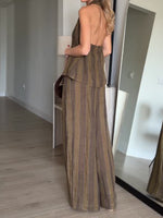 Stylish Casual Striped Backless Linen-cotton Top And Wide-leg Pants Two-piece Set