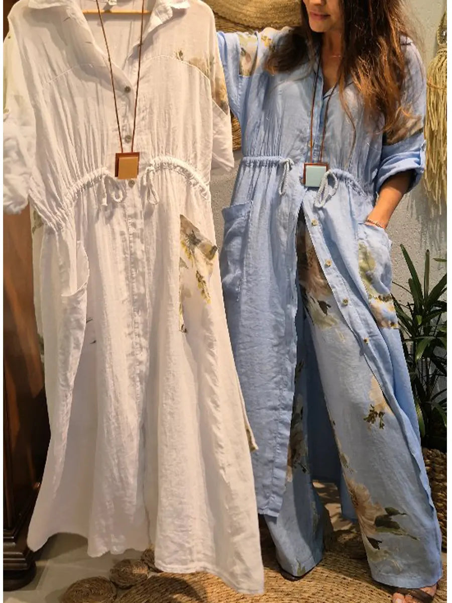 Women's Casual Floral Print Linen And Cotton Long Shirt And Pants Two-piece Set