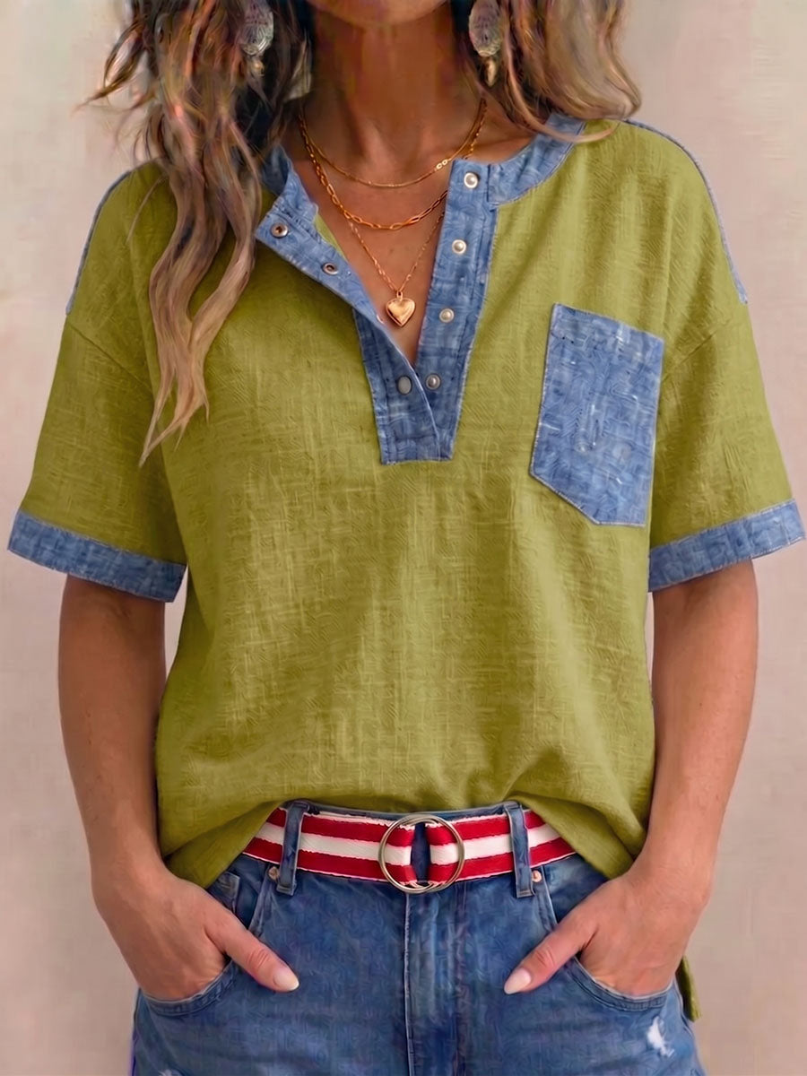 Women's V-neck Short-sleeve Casual Loose Cotton-linen Patchwork Top