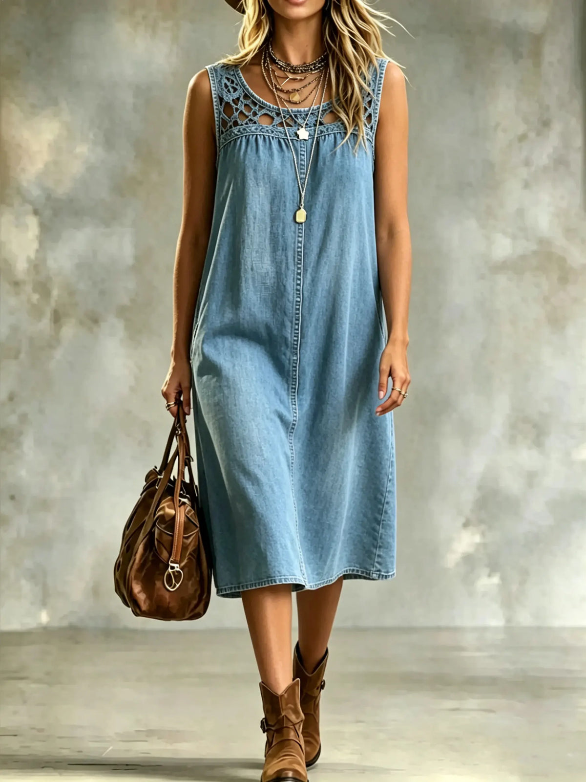 Women's Casual Denim Dress Crochet Lace Neck Sleeveless Midi Jean Dresses