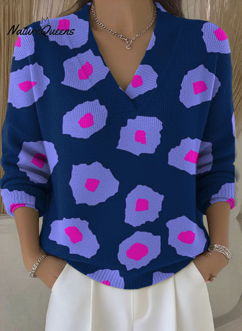 Simple painting flower decorative pattern V  Collar Casual Sweater