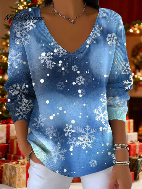 Women's Christmas Trees Gradient Snowflake Pattern Art Print V-neck Solid Color Loose Shiny Sweater