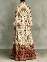 Classic Baroque Floral Color-block Dress — Featuring A Turn-down Collar, Cinched Waist, And Flared Skirt