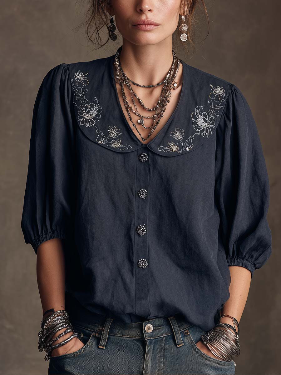 Retro Peter Pan Collar Linen And Cotton Shirt