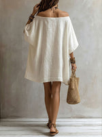 Women's Simple Retro Off-the-shoulder Long-sleeve Cotton-linen Dress