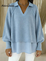 Women's Solid Color V-neck Long Sleeve Casual Loose Knitted Patchwork Top