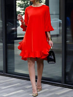 Women's Solid-color Round-neck 3/4-sleeve Casual Loose A-line Dress