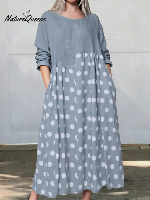 Women's Loose-fitting Polka Dot Patchwork Long-sleeved Linen Cotton Dress