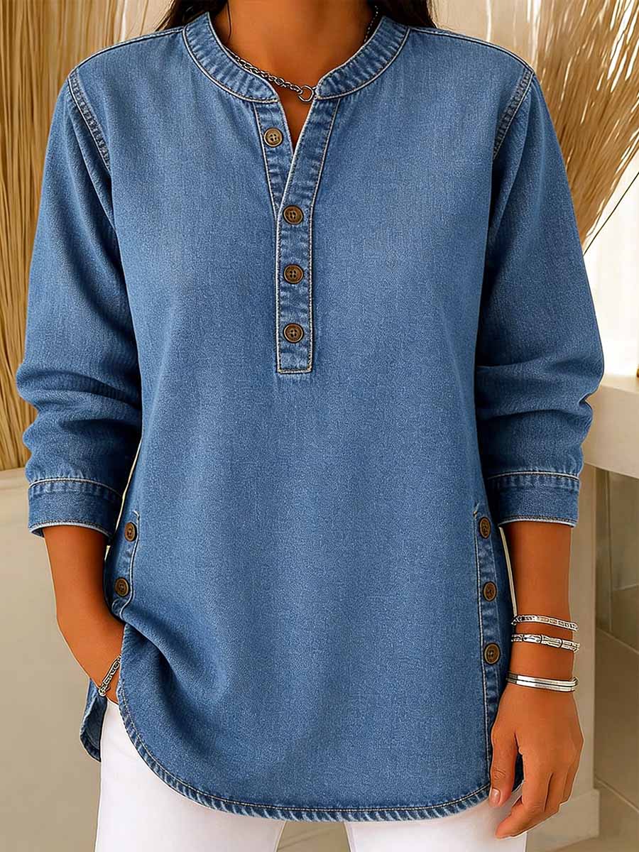 Women's V-neck Long-sleeved Casual Button-up Loose Denim Top