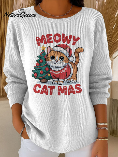 Merry Christmas cute cat decorative pattern Casual Round  Collar Sweater