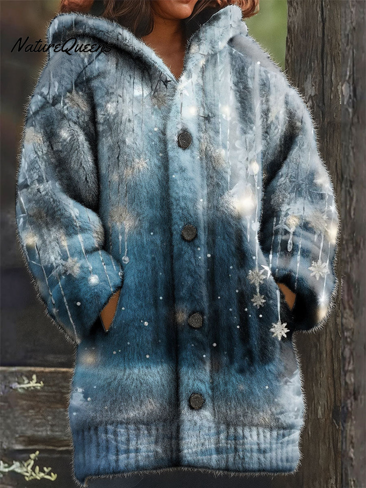 Women's Retro Christmas Animals Snowflake Pattern Art Print Casual Plush Warm Coat