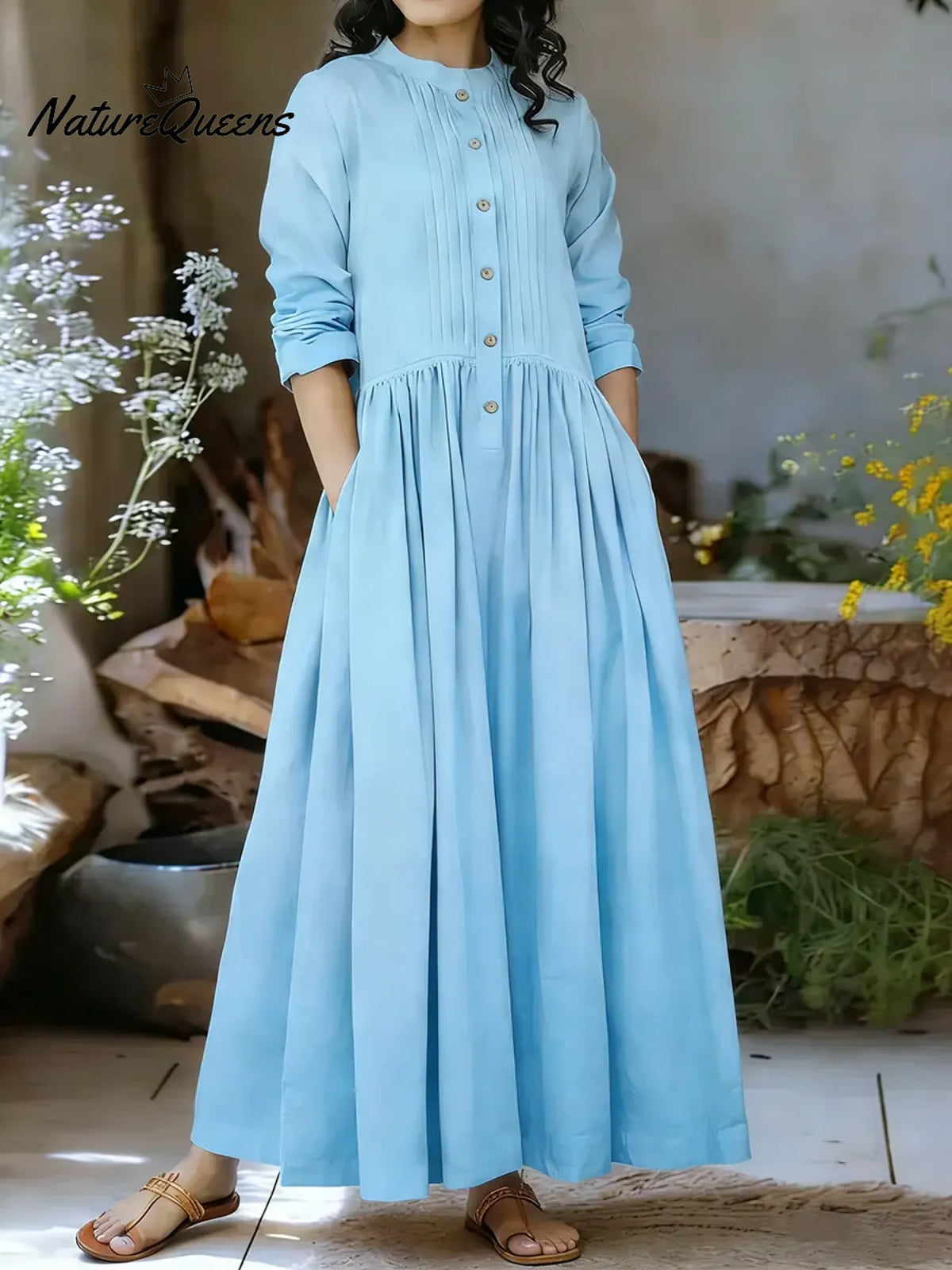 Women's Solid Color Stand-collar Long-sleeved Loose-fitting A-line Cotton Dress