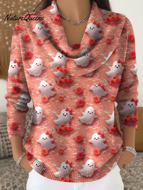 Women's Cute Ghost Print Cowl Neck Sweater