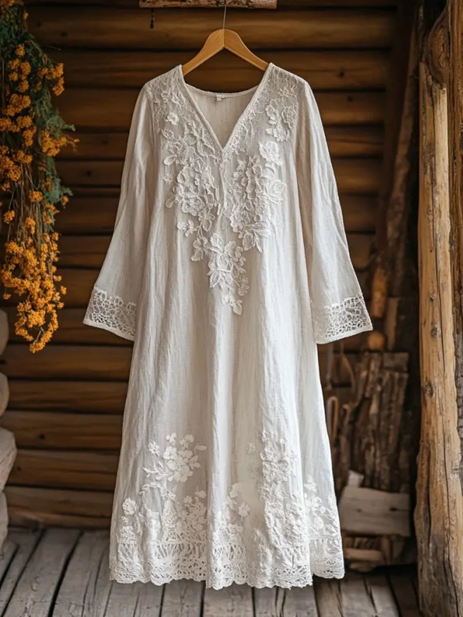 Women's Retro Floral Art Casual Long Sleeve Cotton Linen Dress