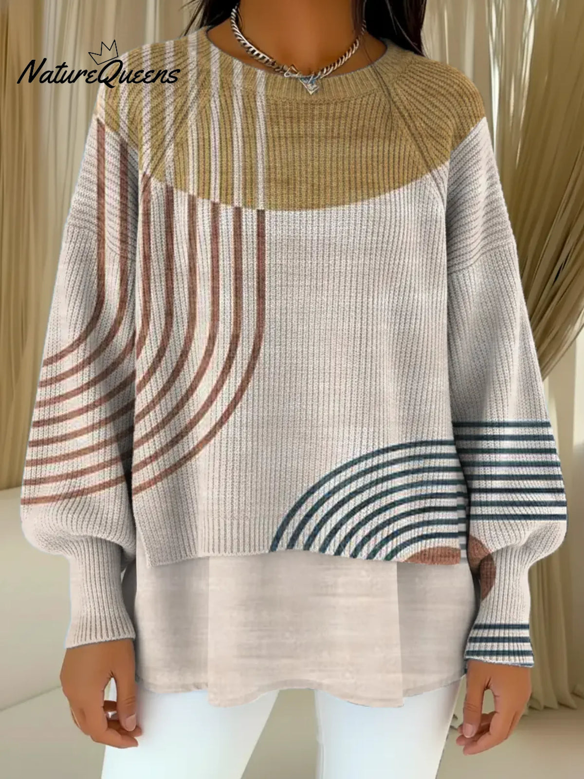 Women's VintageGeometricArt Print Casual Knitted Sweater