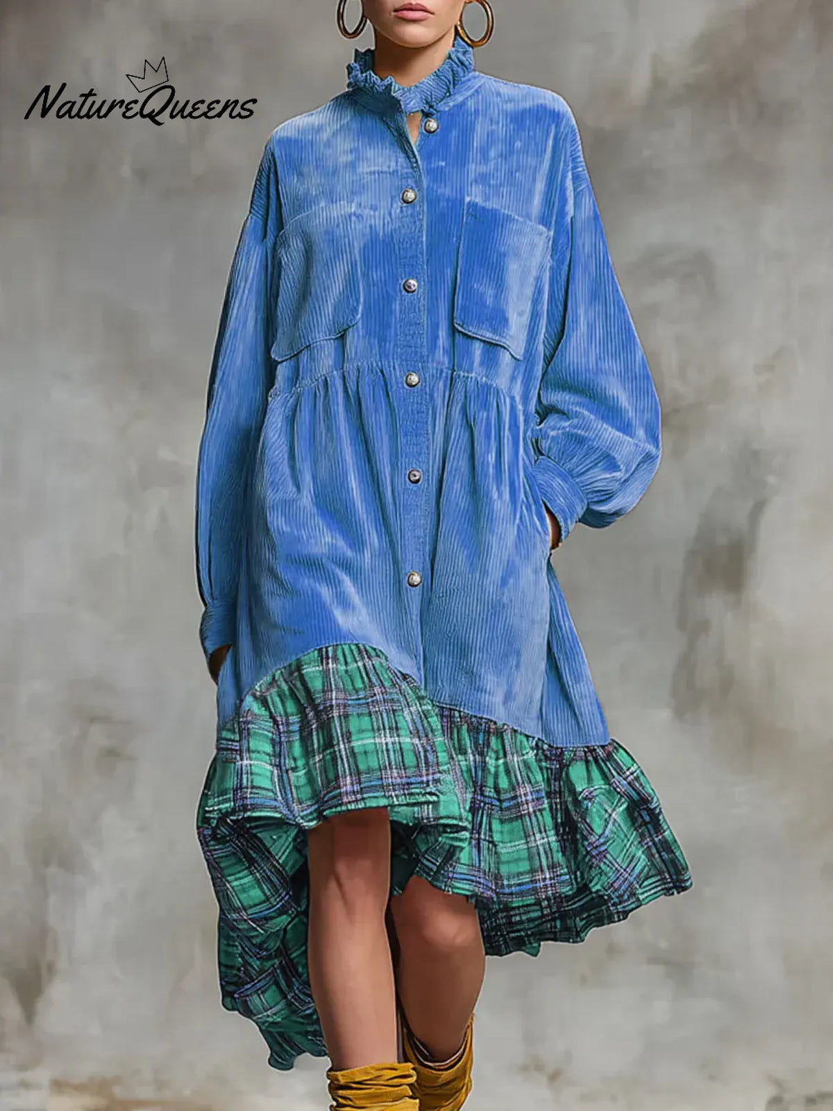 Women's Stand Collar Long Sleeve Plaid Print Casual Loose Corduroy Patchwork Dress