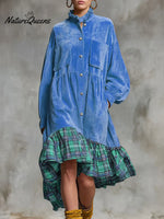 Women's Stand Collar Long Sleeve Plaid Print Casual Loose Corduroy Patchwork Dress