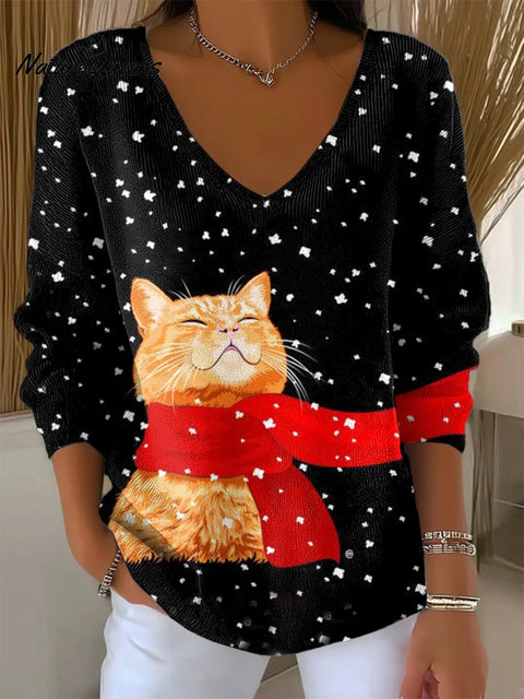Women's Retro Christmas Cat  Art Print V-neck  Loose  Sweater