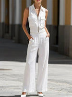 Sleeveless Linen Workwear-style Wide-leg Pants Set