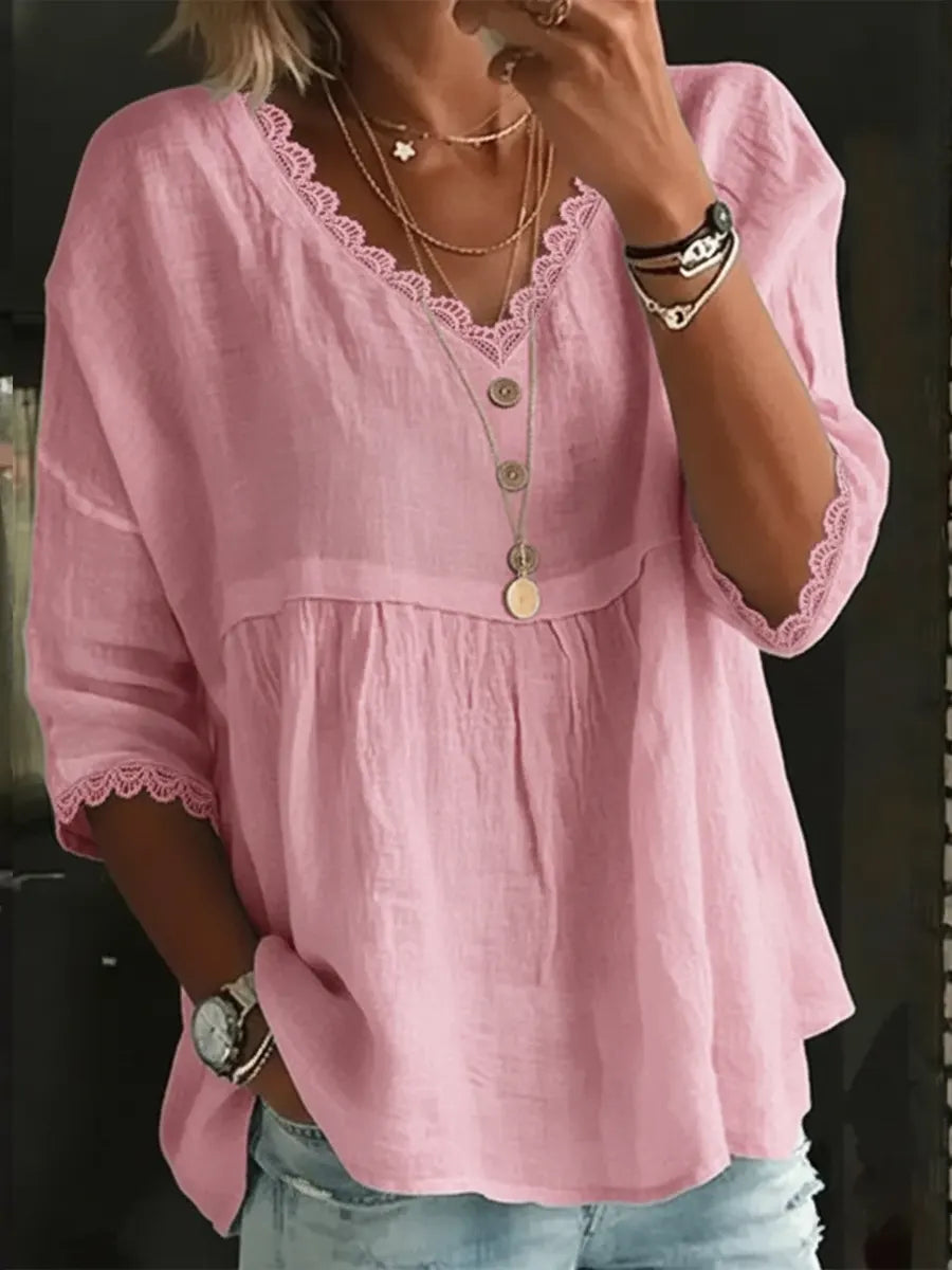 Women's Patchwork Lace Peter Pan Collar Cotton Shirt