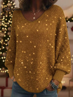 Christmas Sparkling Cozy V-neck Lantern Sleeve Knit Sweater