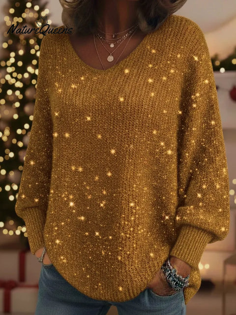 Christmas Sparkling Cozy V-neck Lantern Sleeve Knit Sweater