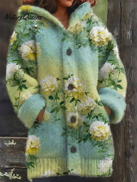 Women's Floral Pattern Art Print Casual Fleece Coat