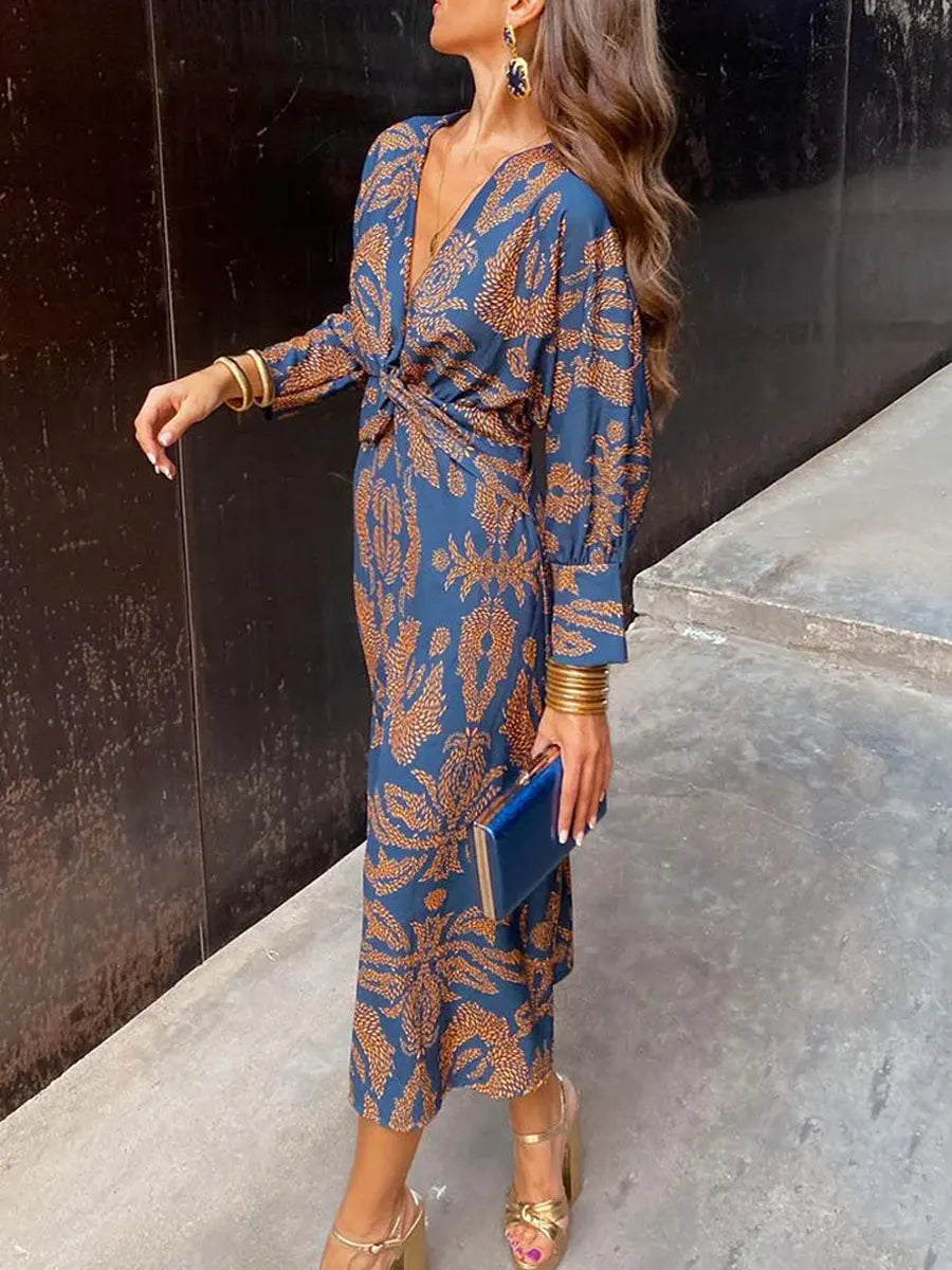 Women's Retro Floral Art Casual V Neck Long Sleeve Stylish Dress