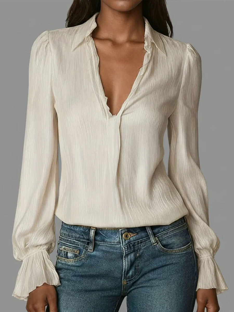 Women's Solid Color V-neck Long-sleeved Casual Loose Cotton Top