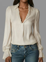 Women's Solid Color V-neck Long-sleeved Casual Loose Cotton Top