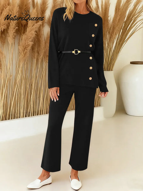 Women's Solid Color Round Neck Long Sleeve Casual Button-Down Loose Top and High-Waisted Wide-Leg Casual Pants Set