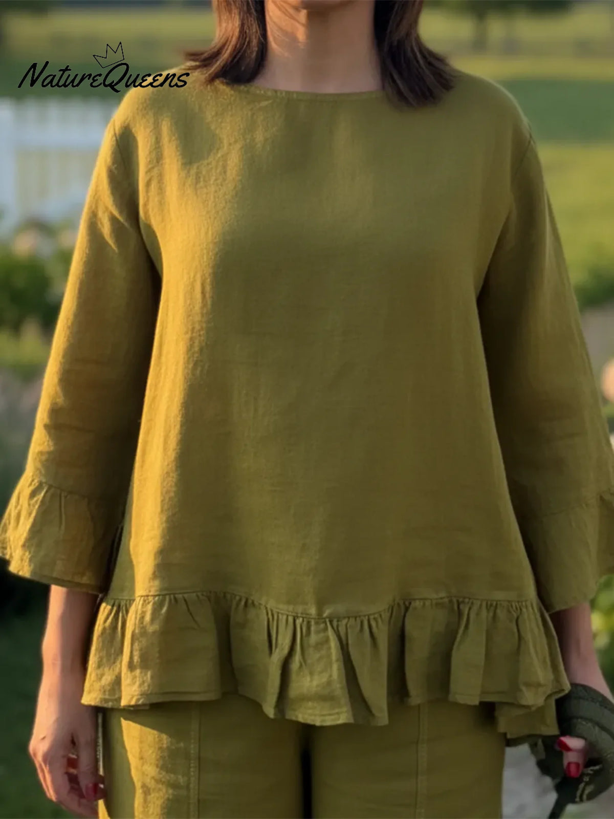 Elegant Ruffled Linen Top And Trousers Two-piece Set