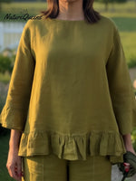 Elegant Ruffled Linen Top And Trousers Two-piece Set