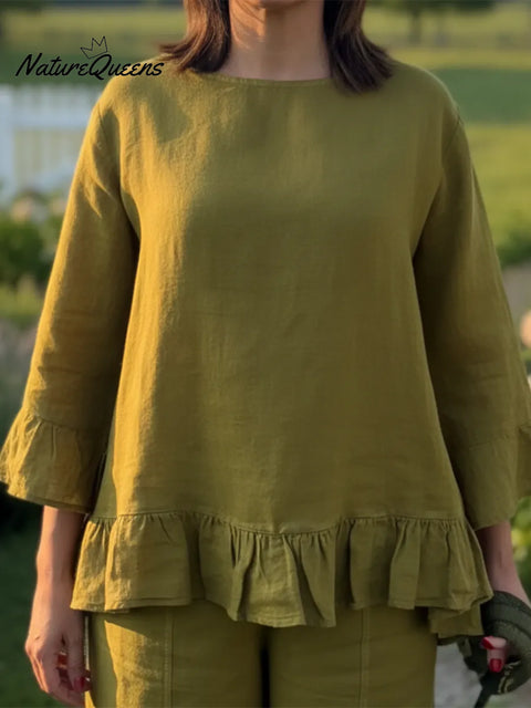 Elegant Ruffled Linen Top And Trousers Two-piece Set