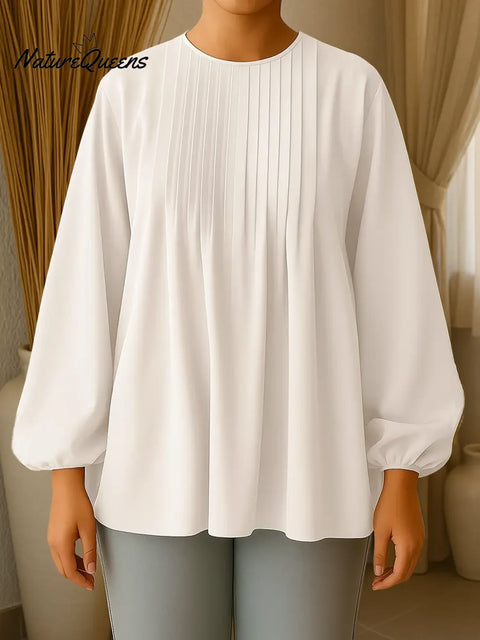 Women's Solid Color Round Neck Long Sleeve Casual Loose Pleated Top Coffee