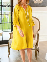 Women's Solid Color V-neck Three-quarter Sleeve Casual Loose Cotton And Linen Dress