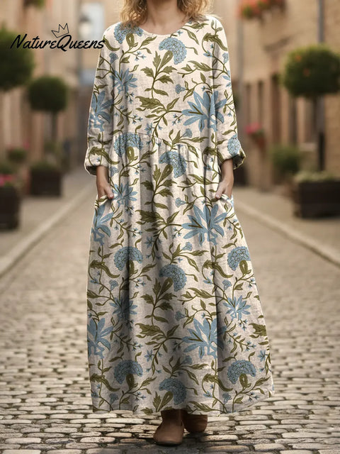 Women's Floral Art Print Pocket Cotton Dress