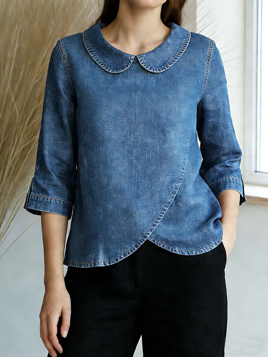 Women's Peter Pan Collar 3/4 Sleeve Casual Loose Denim Top