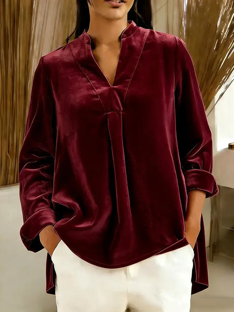 Women's Solid Color V-neck Long Sleeve Casual Loose Velvet Top