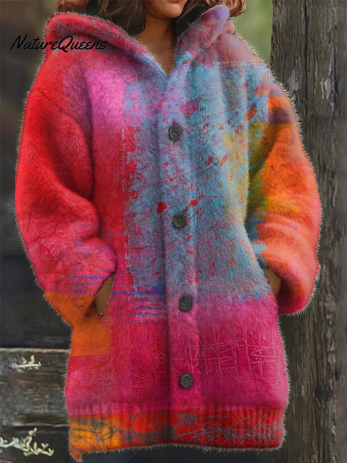 Women's Vintage GradientArt Print Casual Fleece Coat