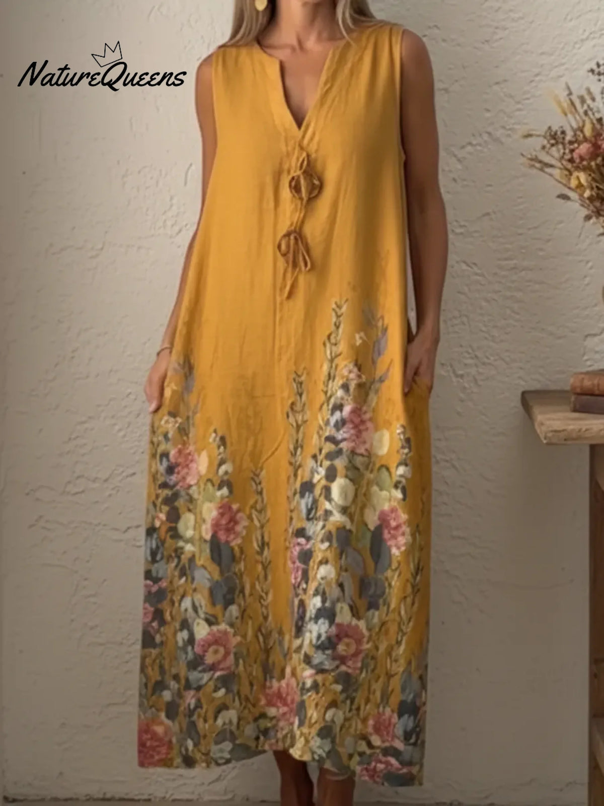 Casual Artistic Bouquet Print Linen Dress