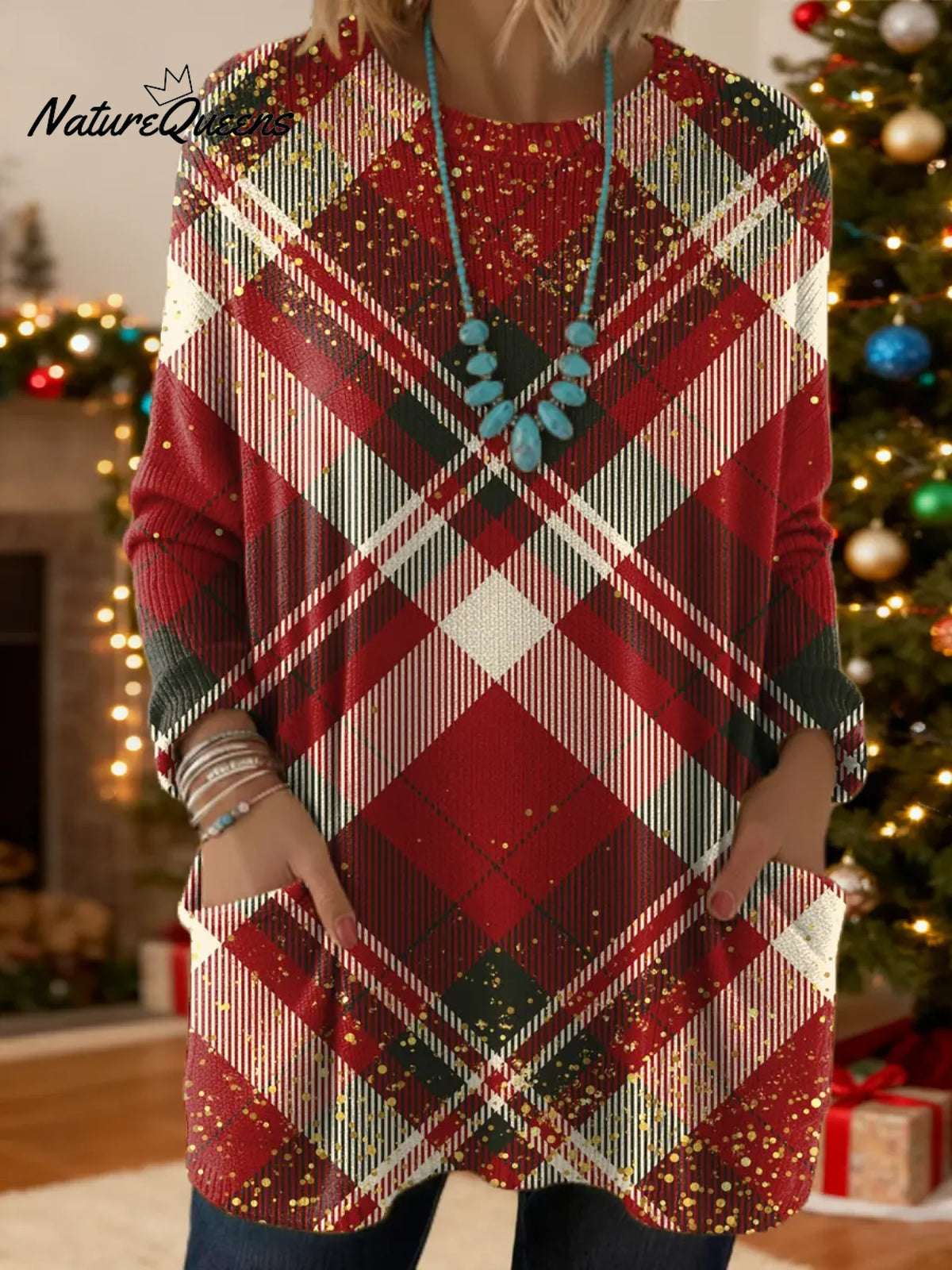 Women's Christmas Plaid Pattern Art Print Casual Cotton Knitted Sweater