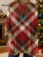 Women's Christmas Plaid Pattern Art Print Casual Cotton Knitted Sweater