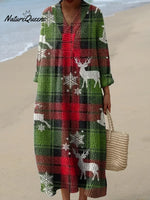 Women's Christmas Plaid Reindeer Art Print Casual Cotton Knitted Dress