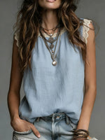 Women's Retro Round Neck Lace-paneled Sleeveless Loose-fit Solid-color Linen Shirt