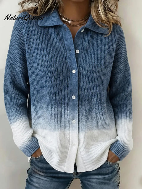 Casual Gradient Blue Shirt Button Knit Sweater