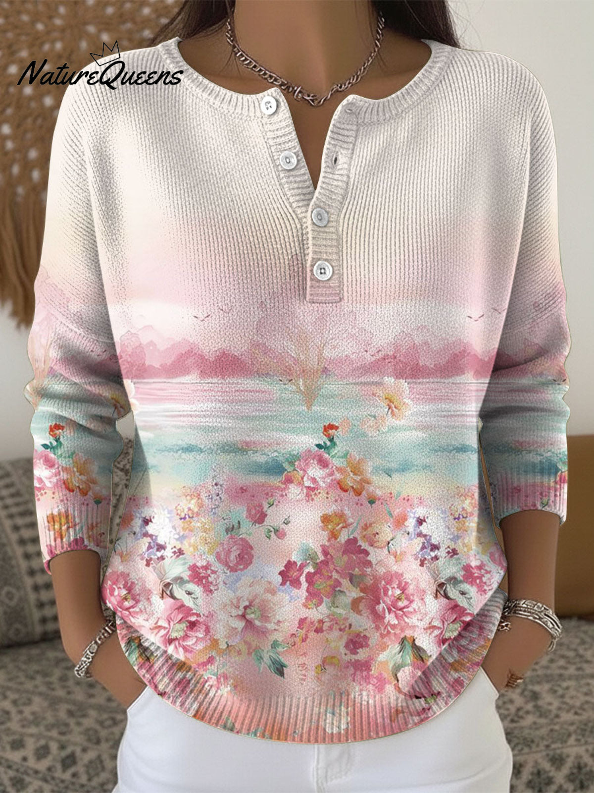 Women's Retro Floral Flowers Pattern Art Print Buttoned Cardigan Sweater