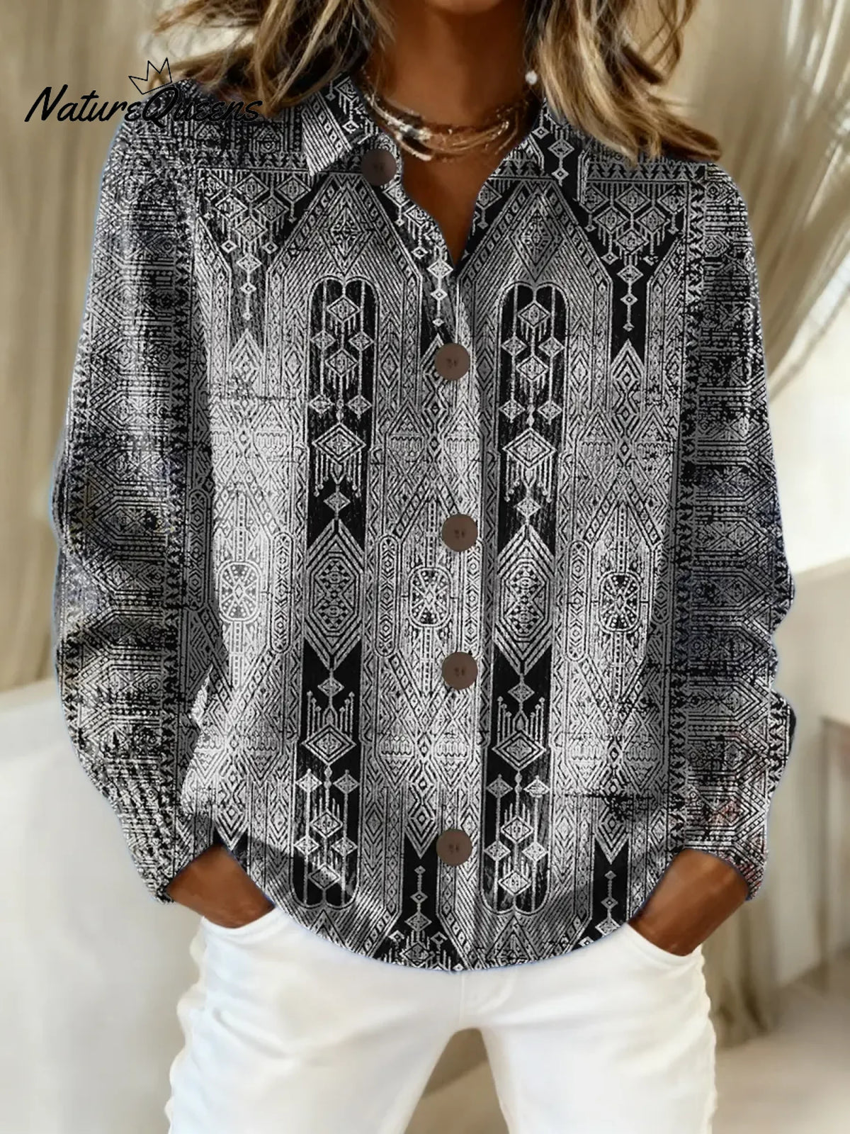 Women's Vintage Cozy Abstract Geometry Art Print Casual Sweater